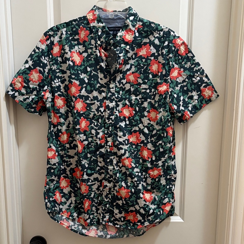 Men’s Tommy Hilfiger Short Sleeve Floral Button Down Shirt Custom Fit Size Large